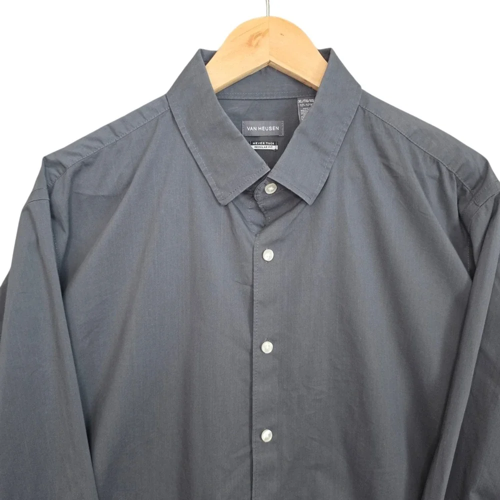 Van Heusen Dress Shirt Mens XL 17-17.5 Gray Button Never Tuck Regular Fit Career